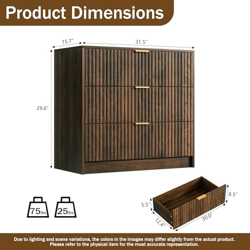Image of Furniway 31.5 inch Large Nightstand with 3 Drawers, Fluted Bedside Table, Modern Tall End Table with Storage, Wood Night Stand Organizer Cabinet for Bedroom, Walnut