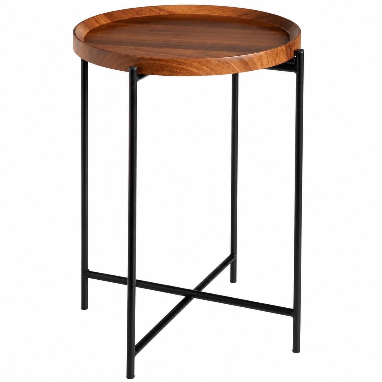 Fatum Walnut Folding Side Table With Removable Tray Top Round Coffee Table Small Sofa End Table Tea Table With Black Metal Frame Modern Accent Table For Living Room Bedroom & Office