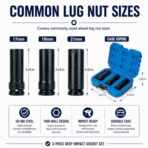 Image of 1 /2 inch Drive Impact Socket Set, 3-Piece Metric Deep Sockets