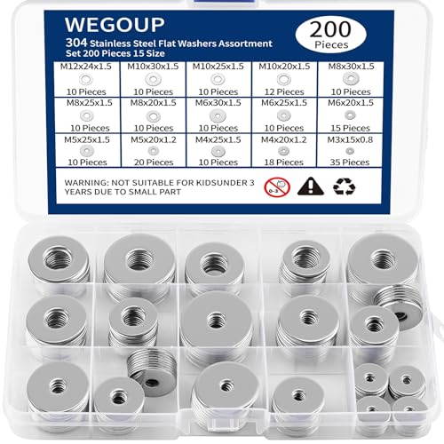 WEGOUP 18-8(304) Stainless Steel Flat Washers for Screws and Bolts, 200 Pieces Metal Washers Kit (15 Sizes M3-M12), Assorted Large and Small Hardware Washers Set for Home and Industrial Use