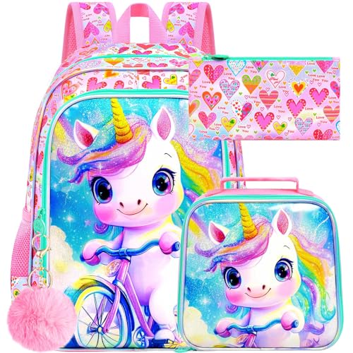 Image of HPJGD 3PCS Unicorn Bookbag for Girls, Kids Bicycle Backpack Set with Lunch Box, Cute Water Resistant Elementary School Bag for Preschool Toddler - Pink Unicorn Bike