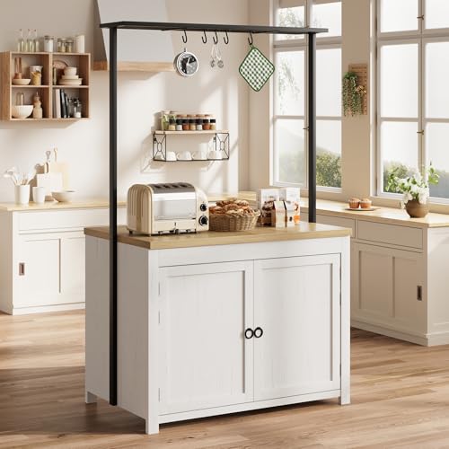 42" Heavy-Duty Kitchen Island - 30mm Thick Countertop, 400lb Capacity, 3-Tier Storage & 5 Hooks, Wood Multi-Functional Cart for Small Spaces (White/Natural) — view 5