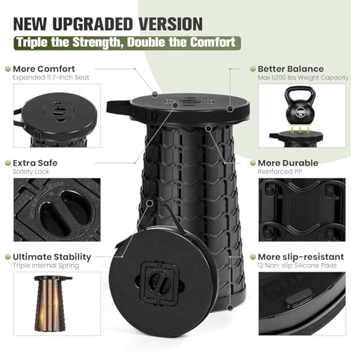 Image of Portable Retractable Stool, Black, Collapsible Round Seat with Carry Strap, 20.3 in Height