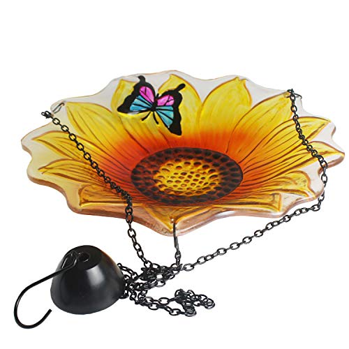 Cyleodo 11 inch Hanging Bird Bath Glass Bird Bath Sunflower Print with Butterfly Outdoor Glass Bowl Feeder for Patio,Garden,Yard