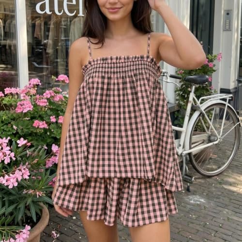 Image of SOOKABEILA Women 2 Piece Lounge Set Sleeveless Striped Cami Peplum Top Boxer Shorts Loose Ruffle Matching Pj Sets Outfits
