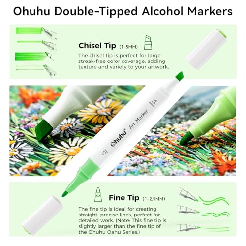 Image of Ohuhu Alcohol Markers,48-Color Art Marker Set For Architectural Design - Landscape Double Tipped Chisel & Fine Alcohol-Based Drawing Marker For Artists Students' Art Class Adults Coloring,Multicolour