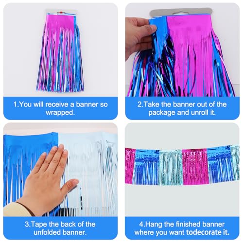 Image of BEISHIDA 3 Packs Metallic Foil Fringe Garland Mix Blue Pink Wall Hanging Tinsel Fringe Banners for Car Floats Birthday Baby Bridal Shower Wedding Graduation Holiday Party Decoration(30 Feet)
