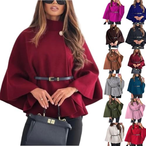 Womens Poncho Cape Coat Trendy Batwing Sleeve Stand Collar Pea Coat Belted Elegant Winter Jacket Casual Outerwear