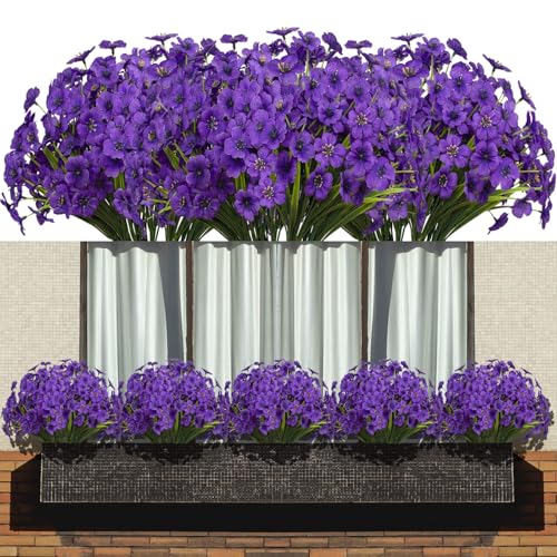 LANKAMO 15 Bundles Artificial Flowers Fake Silk Flowers Outdoor UV Resistant Faux Flowers Plastic Fabric Greenery Plants for Hanging Planter Kitchen Home Office Wedding Garden DecorationPurple