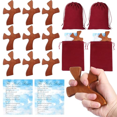 Beeveer 10 Sets Wood Cross Hand Held Wooden Pocket Crosses Bulk with Bags and Prayer Cards Jesus Christian Gifts for Prayer Praying Religious Church Baptism First Communion Coworker Mother Day