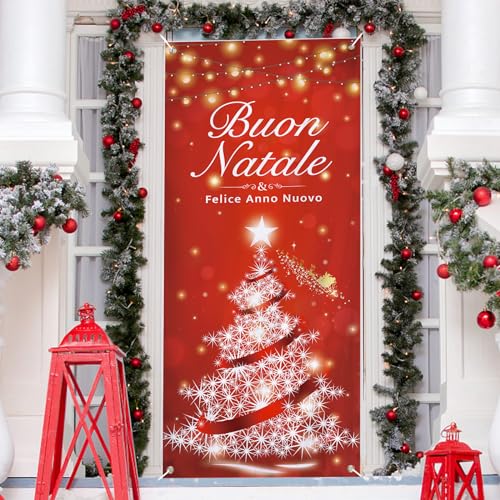 COLOFALLA Banner Porta Natale Striscioni Natalizi Copertura Porta Natalizia Tenda Natale per Porta Scritta Buon Natale Albero di Natale Decorazioni Natalizie Porta Ingresso Benvenuti Addobbi Natalizi