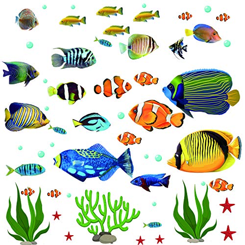 Fish Wall Stickers Under The Sea Decorative Wall Decals Coral Reef Fish Wall Stickers Peel and Stick Starfish Wall Art Sticker Decals for Kids Nursery Bedroom Living Room