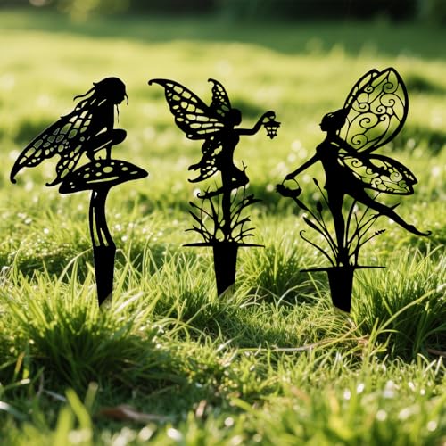 ULMDUEAEE 3-teiliges Set, Gartendeko, dekorative Metall-Eisen-Gartenpfähle mit Blumenfee und Gartenelfe, Gartenstecker für Innenhof, Rasen und Blumenbeet, Dekoration, Geschenk
