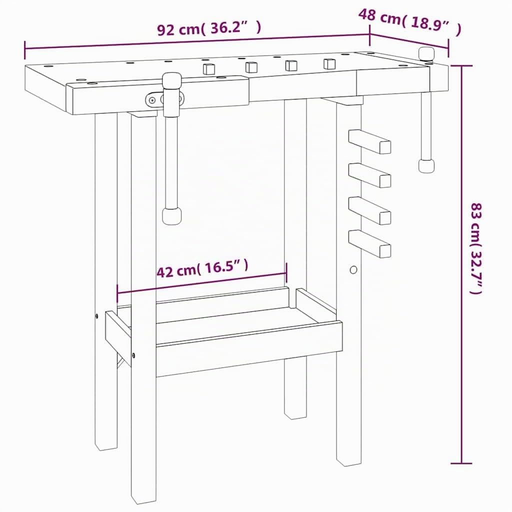 vidaXL Banco Trabajo con Estante Mesa de Trabajo Organizador para Taller con Almacenaje con Tornillos de Banco Madera Acacia 92x48x83cm
