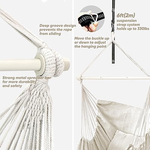 Chihee CH--HC-3JKZ-WHITE Hammock Chair Hanging Swing Max 500 Lbs 2 Cushions Included Steel Spreader Bar With Anti-Slip Grooves Portable Hanging Chair Side Pocket Large Macrame Bohemian Chair Indoor Outdoor thumb #3