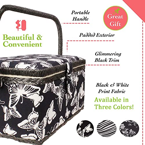 Sewing Basket With Floral Print Design - Sewing Kit Storage Box With Removable Tray, Built-In Pin Cushion And Interior Pocket - By Adolfo Design (Large - 12" X 9" X 6", Butterfly Design) #TOP2