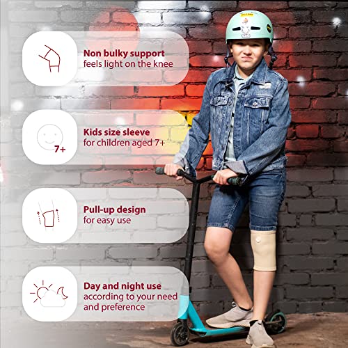 Image of KARM Kids Knee Brace Sleeve - Youth Knee Compression Sleeve for Kids, Child - Support for Pain, Sports, Football, Basketball, Gymnastics, Recovery, Boys & Girls (Beige) (Pack of 2)