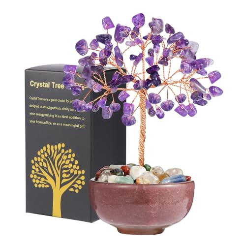 Handcrafted Amethyst Abundance Tree with Ceramic Base,5 Inch Natural Crystal Feng Shui Bonsai for...