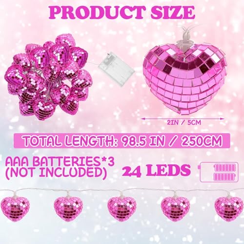 Image of 24 Valentine's Day Disco Ball String Lights LED Love-Heart Mirror Disco Ball Ornaments Bachelorette Party Supplies Mini Disco Ball Tree Ornament Disco Ball with String (Pink)