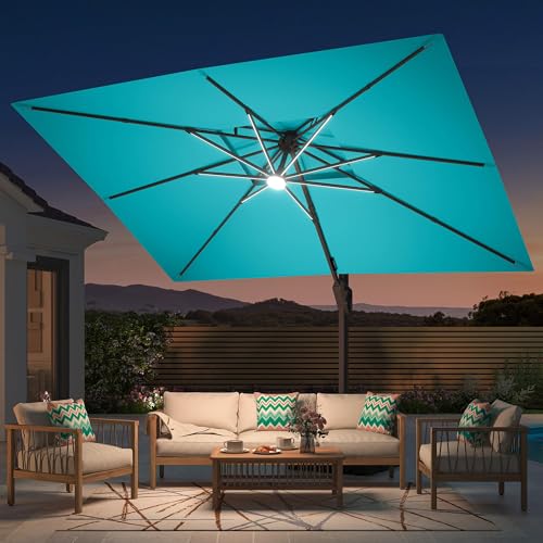 Image of Deconk 10' X 13' Patio Umbrella with LED Lights Outdoor Cantilever Large Rectangle Offset Umbrellas Heavy Duty Aluminum Double Top with 360-degree Rotation for Pool Garden Deck, Turquoise