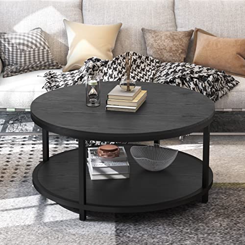 Wiberwi Round Coffee Table Black Coffee Tables For Living Room 35.8" Rustic Industrial Design Circle Table Furniture Sturdy Metal Frame Legs Cocktail Table With Storage Open Shelf, Easy Assembly #TOP7
