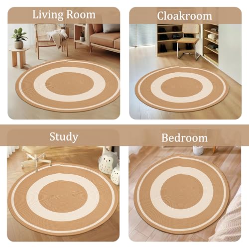 Image of Cotton Rope Rounds Rug with Tassels - Handwoven Bohemian Carpet for Living Room, Bedroom, Pooja & Home Decor, Soft & Washable Floor Mat,Design White & Beige, 6x6 feet