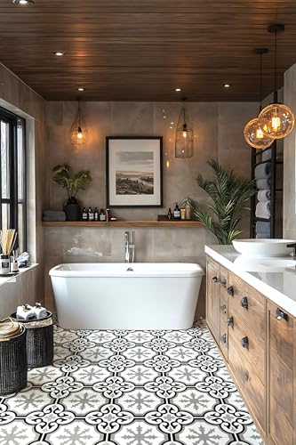 MORCART Peel and Stick Floor Tiles, Waterproof Removable Stick-on Floor Tiles, Self-Adhesive Vinyl Flooring for Bathroom, Kitchen, Entryway, Easy Home DIY (30x30cm, 40 Sheets, Heritage Quatrefoil)