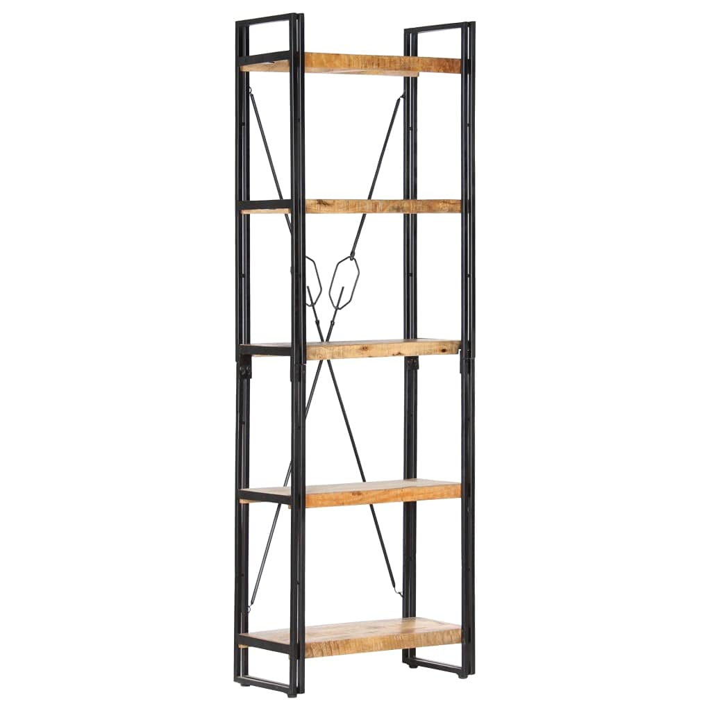 Bücherregal mit 5 Fächern, Standregal aus massivem Mangoholz und pulverbeschichtetem Stahl, Industrie-Design Regal für Wohnzimmer, 60 x 30 x 180 cm