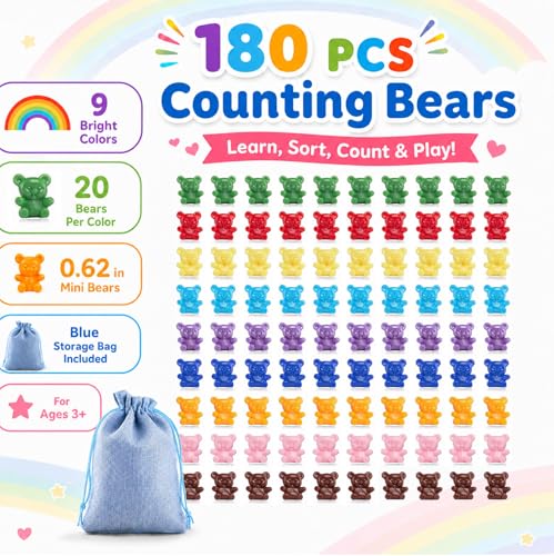 Image of XINHUIDALSQ 180 Pcs Counting Bears, 0.62'' 9 Colors Rainbow Counting Mini Bears with Storage Bag, Plastic Sorting Bear Counters Math Manipulatives for Ages 3+ Kids, Back to School Supplies