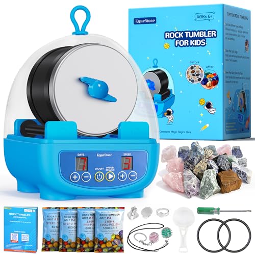 KomeStone K5 Rock Tumbler for Kids & Beginners – Dual Noise-Reducing Rock Polisher with Timer, 3 Speeds & Memory Function, Complete Stone Tumbling Kit with Gems & All Accessories – A Fun STEM Gift