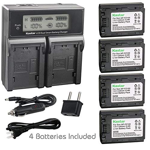 Kastar Battery 4 Pack and LCD Dual Fast Charger for Sony NP-FZ100 BC-QZ1 NPA-MQZ1K and Sony Alpha IL