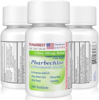 4 Hour Allergy Relief 100 Ct [Made in USA] | Itchy Eyes, Runny Nose, Sneezing, Sinus Relief | Chlorpheniramine Maleate 4 mg | Premium Antihistamine Allergy Medicine Pharbechlor by Ulai (1 Pack)