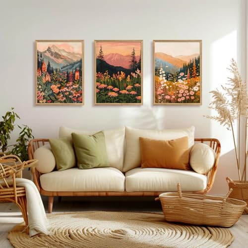 Cyebmo Wood Framed Mountain Wildflower Wall Art Set of 3, Sunset Mountain Nature Wall Decor, Colorful Floral Landscape Canvas Prints, Rustic Botanical Artwork for Bedroom Living Room Office 12x16 Inch by Cyebmo - Used condition - Image 3