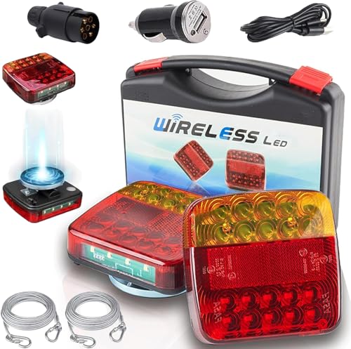 Wireless Magnetic Trailer Lights Kit 12V-24V Rechargeable LED Towing Board with 7 Pin Plug & USB-C IP65 Waterproof Rear Tail Lights with Dual Steel Cables for Brake/Turn Signals for Trucks SUVs (1set)