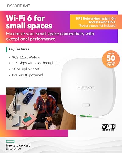 Image of HPE Networking Instant On Access Point AP21 2x2 WiFi 6 Indoor Wireless Access Point | Single-Room, Secure, Smart Mesh Support | Power Source Not Included | US Model (S1T08A)