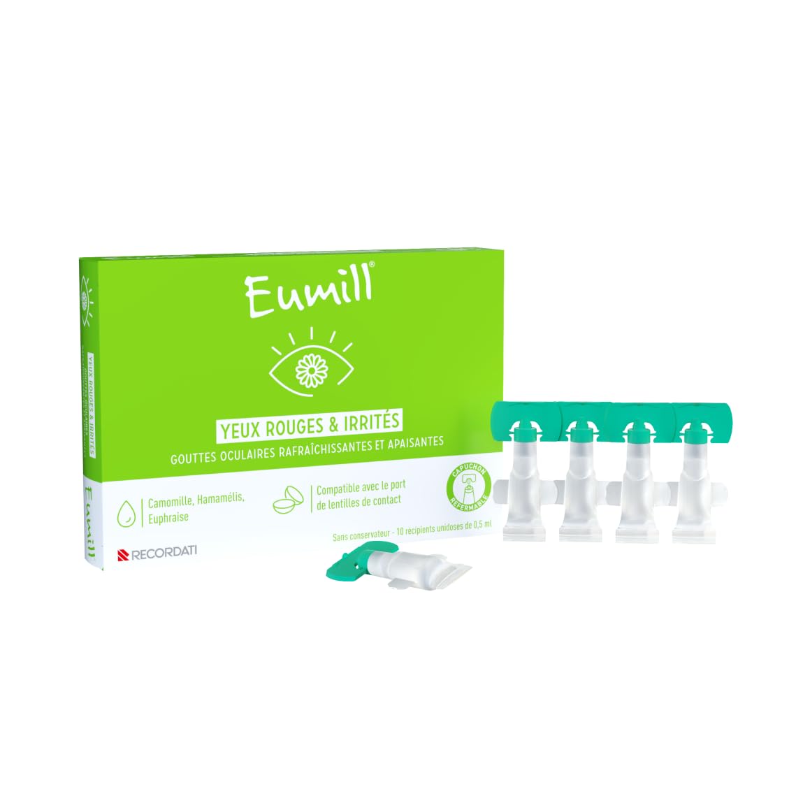 EUMILL | Yeux rouges & irrités | Gouttes oculaires rafraîchissantes et apaisantes | Réduisent rougeurs & apaisent les irritations | Compatibles avec lentilles de contact | Lot de 4x10 unidoses 0,5ml