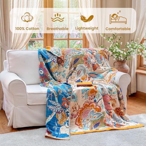 Image of MSGKV Boho Throw Blanket 90 inchx90 inch Fall Cotton Floral Blanket for Couch