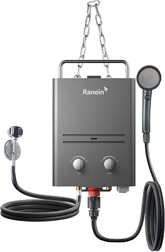 Ranein 6L Propane Tankless Water Heater, 1.58 GPM, 41,000 BTU, Outdoor | Portable hot water for camping, RV, cabin, 55-109F, 6 safety, showerhead included, brass connectors, off-grid, propane