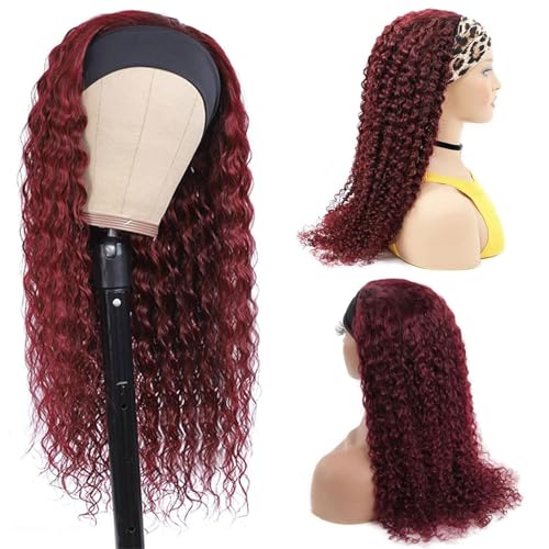 Image of Punmasa Headband Wig Human Hair Deep Wave 99J Human Hair Headband wigs for women Glueless None Lace Front Wig Machine Made 150% Density human hair headband wig 18 Inch
