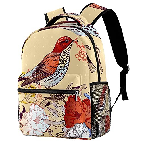 Sac à dos imprimé oiseaux et roses ultra léger avec poches à livres