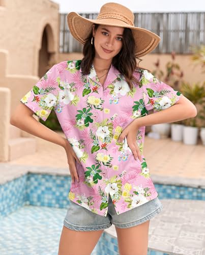 Image of SANGTREE Girls & Women's Hawaiian Shirts Button Down Short Sleeve Floral Tropical Shirt Beach Vacation Blouse Tops