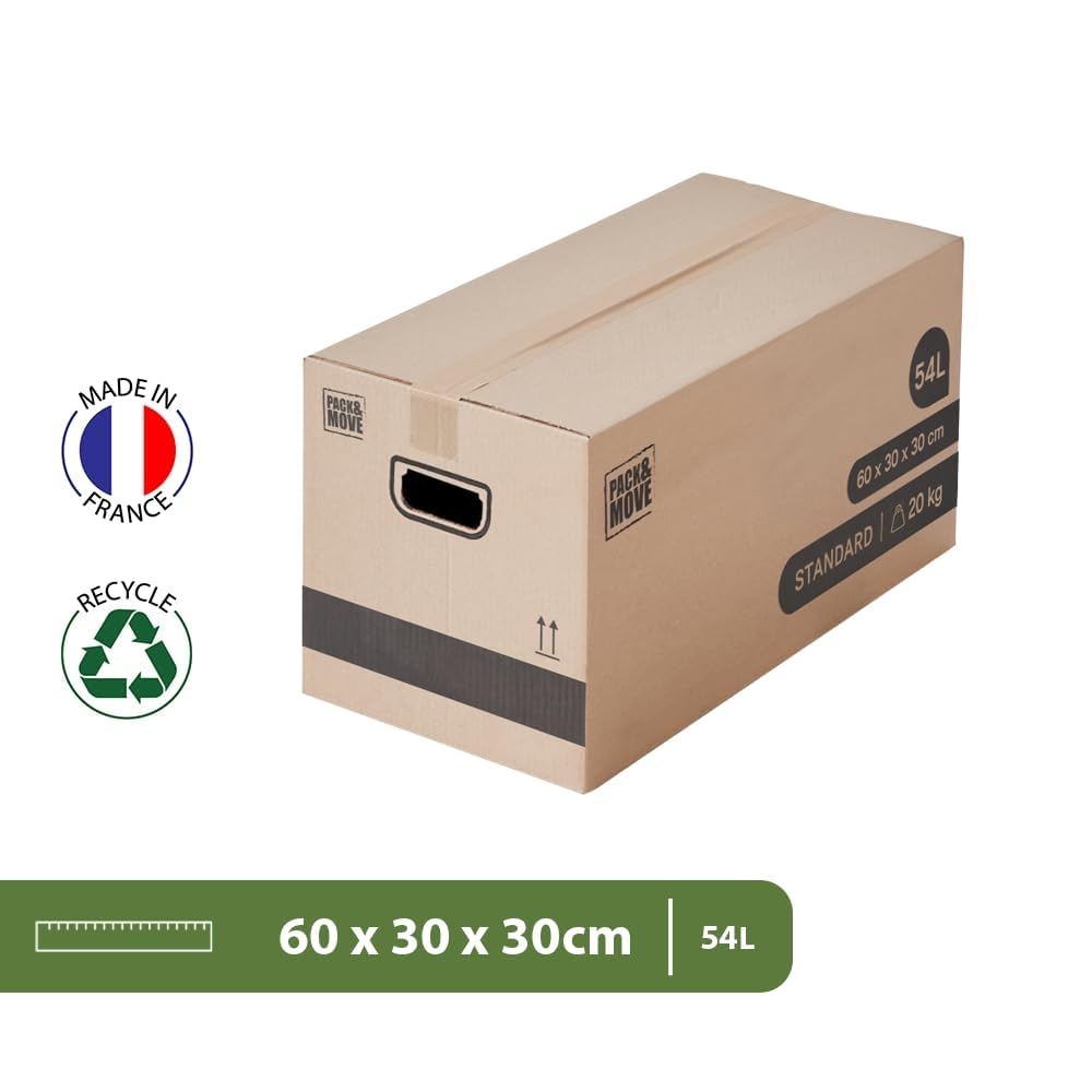 Pack and Move - Lot 20 cartons déménagement stockage standard - 60 x 30 x 30 cm - Poignées renforcées - 1 adhésif offert