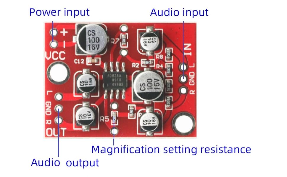 Top-down view of the AD828 Stereo Preamplifier Board with labels for Power Input, Audio Input, Audio Output, and Magnification Setting Resistance.