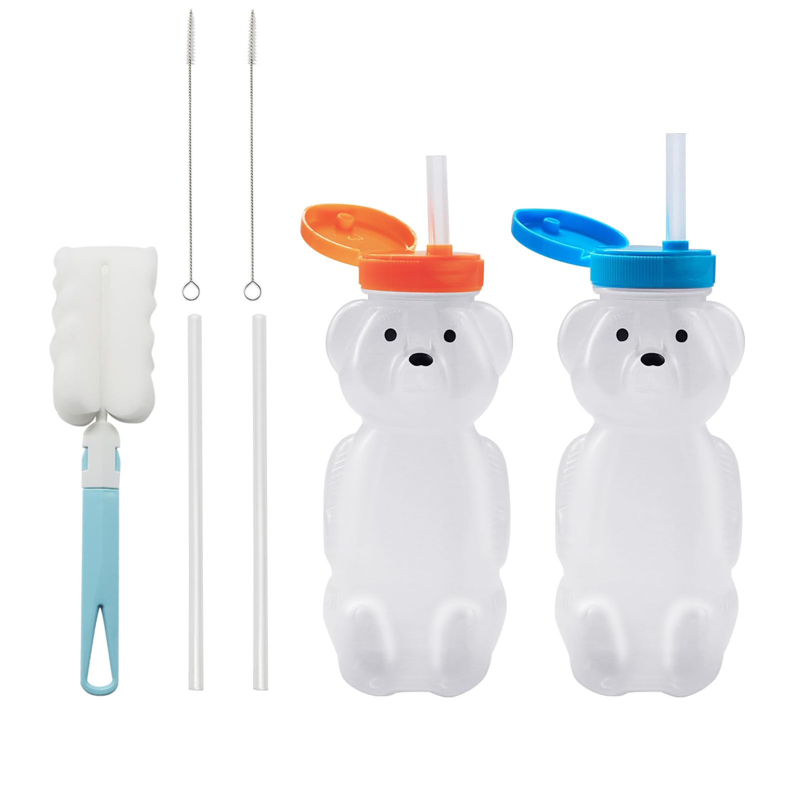 2 Pack Honey Bear Straw Cups, Squeezable Sippy Cup, Reusable Food-Grade Honey Bear Water Bottle,Therapy and Special Needs Assistive Drink Containers with 2 Straws & 1 Cleaning Brush