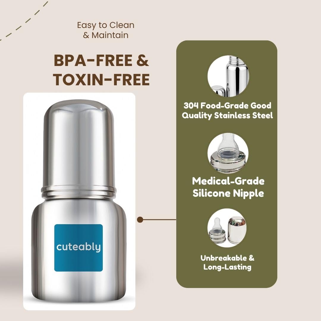 Cuteably Stainless Steel Bottle for Babies – BPA Free, Leak-Proof, Easy to Clean – Available in 200ml – Newborn to 1+ Year Kids