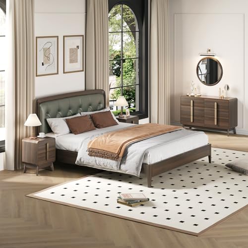 Image of JOINICE Mid Century Modern Dresser and Nightstand Sets for Bedroom, Walnut | Night Stand Set of 2 with Matching 47 inch Dresser, Large Chest of Drawers for Storage with Gold Handles, 3 Pieces Accent Set
