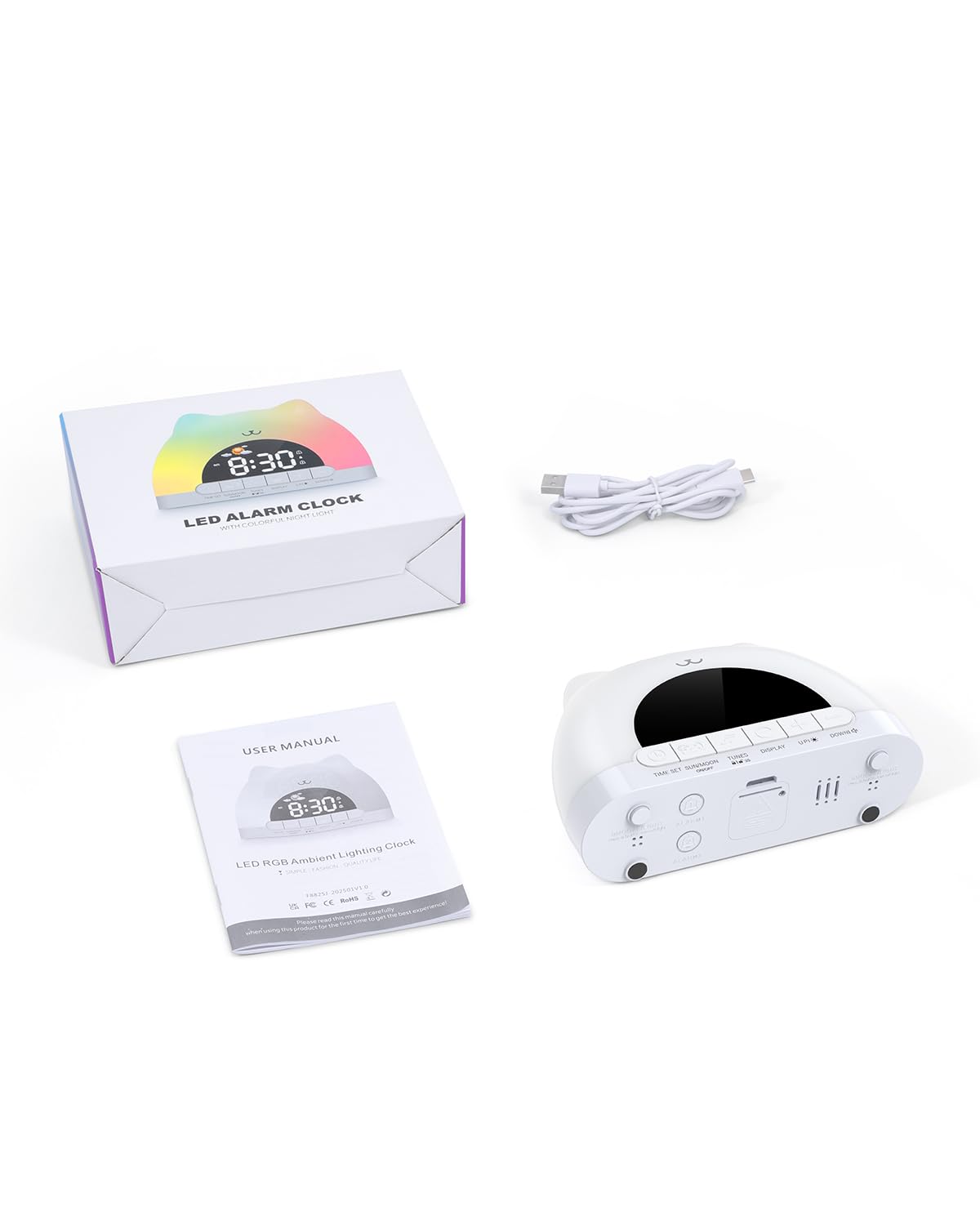 Reloj despertador para niños, reloj OK to Wake para niños, reloj de gato con luz nocturna de 11 colores, 10 sonidos relajantes, bloqueo infantil, alarmas duales, entrenamiento del sueño