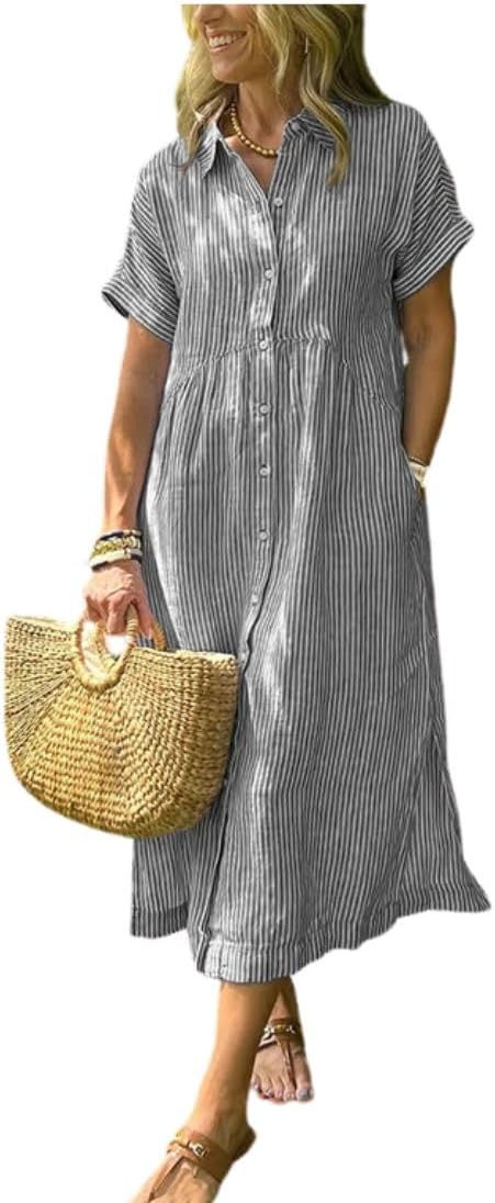 colarat Women's Striped Button Down Shirt Dress Boho Short Sleeve Loose Side Slit Midi Long Cotton Dress