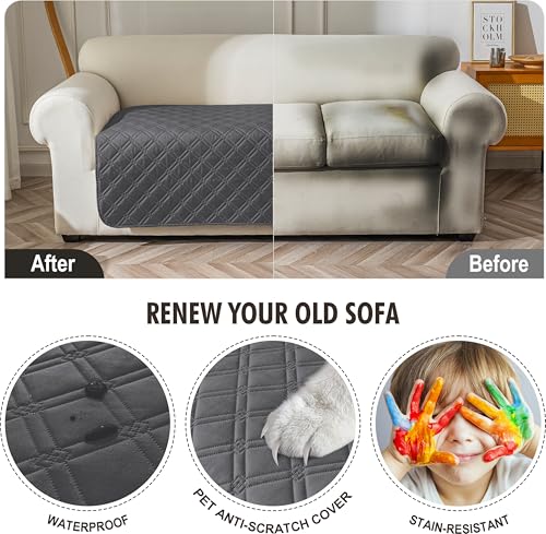 Image of Genina Waterproof Couch Cover, Washable Anti-Slip 86.6 inch Sofa Covers with 4 Cushions, Sectional Couch Covers for Pets Friendly, Sofa Slipcovers for Dogs Cats, (86inch /Dark Grey)