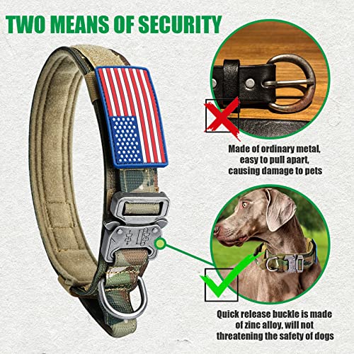 Tactical Dog Collar And Bungee Leash, Camo Military Dog Collar & Leash Set With Usa American Flag Adjustable K9 Collar With Heavy Duty Metal Buckle & Handle,With Patches And Airtags Case (M, Camo) #TOP4